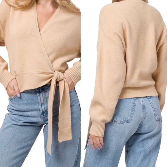 NWT Dave’s Side Tie Wrap Knit Cardigan Sweater Camel Beige V Neck Size M… - Picture 1 of 9
